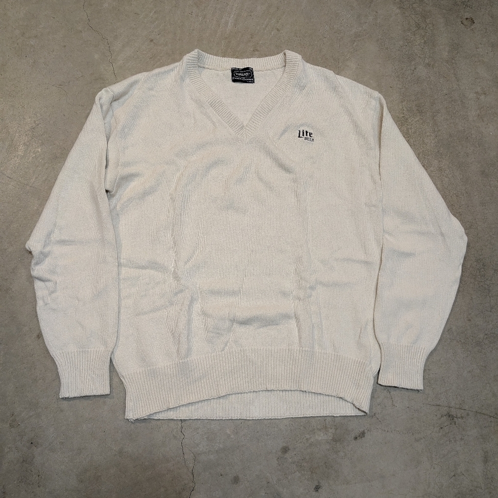 VTG Miller Lite Sweater Men's XL Cream Tight Knit Pull Over